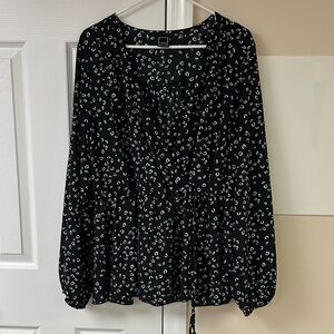 Libian Black and White Tie Front Pattern Blouse